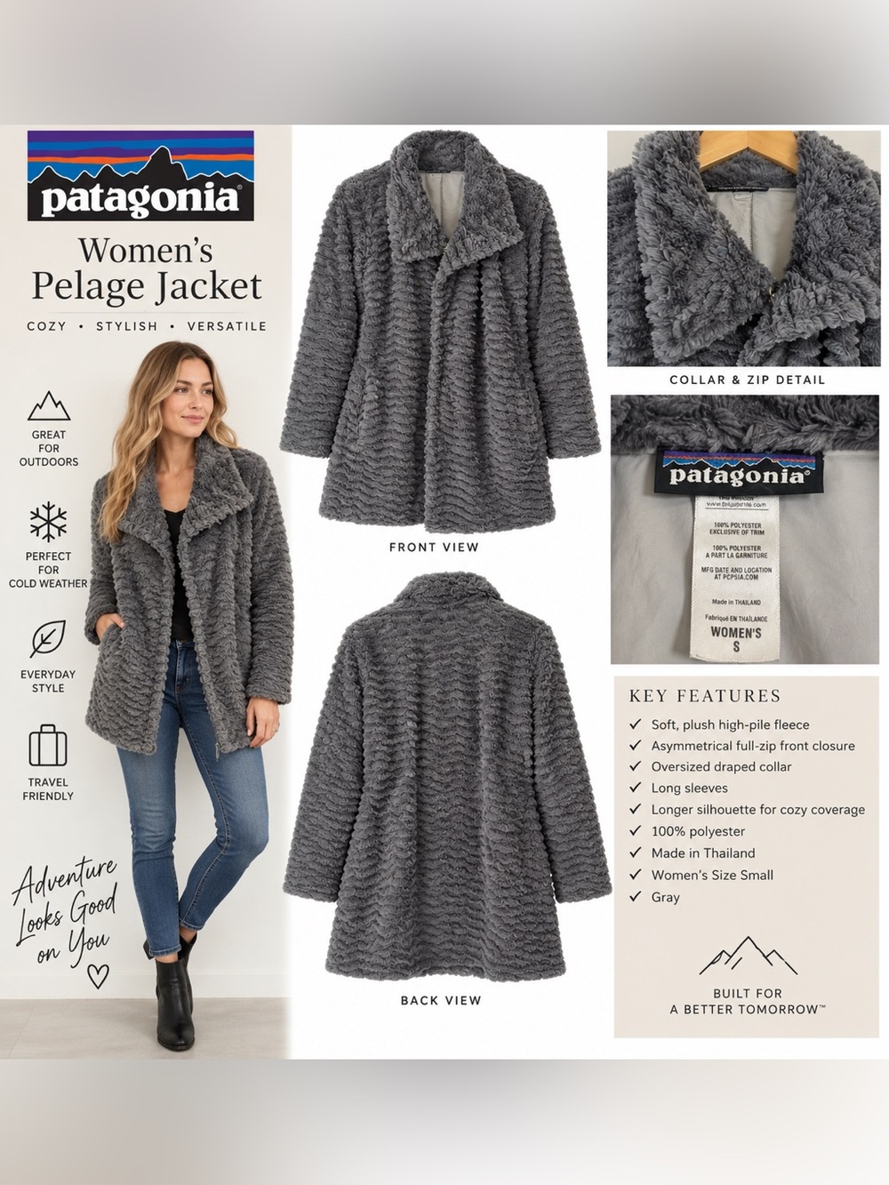 Patagonia Women’s Pelage Jacket Small Gray Fleece Asymmetrical Full Zip Coat